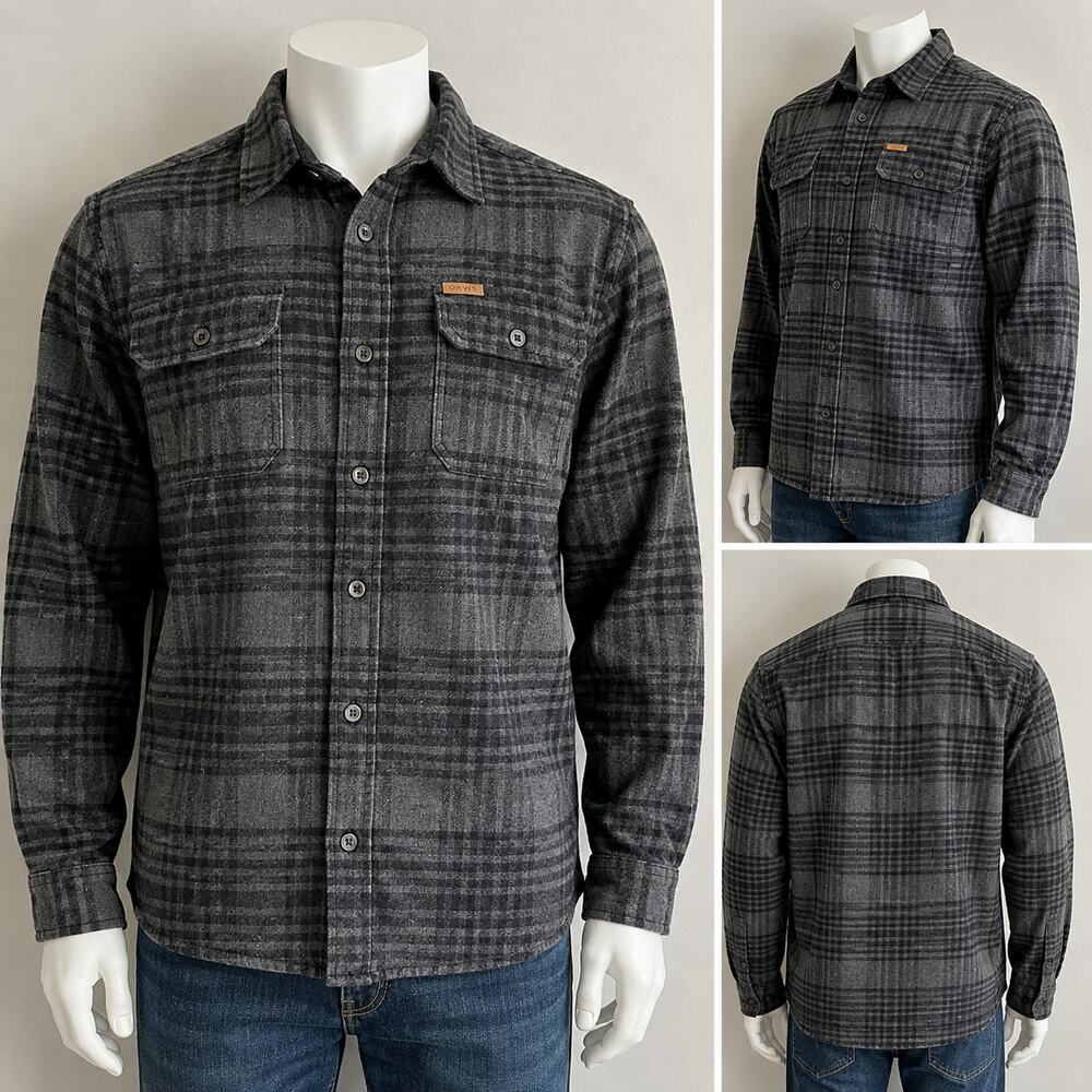 Orvis Mens Large Gray Plaid Heavy Flannel Shirt Button Up Soft Outdoor Hiking - Picture 1 of 7